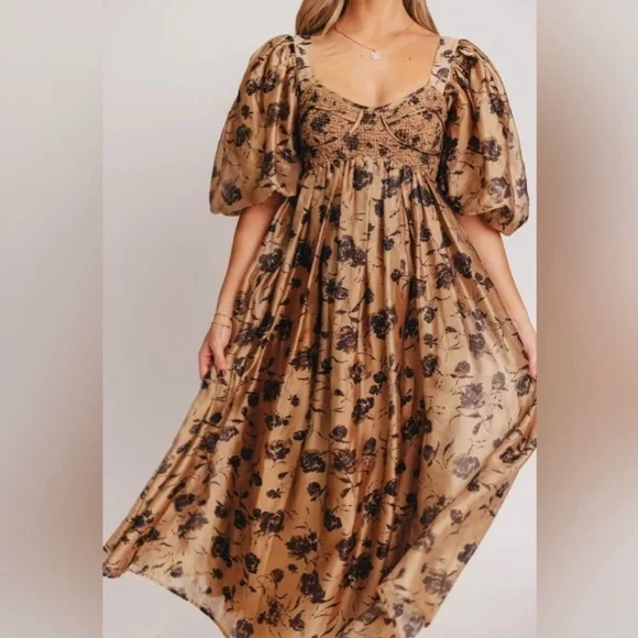 NWT! Floral Puff-Sleeve Midi Dress in gold and Black Size M Worth Collective - Picture 2 of 7